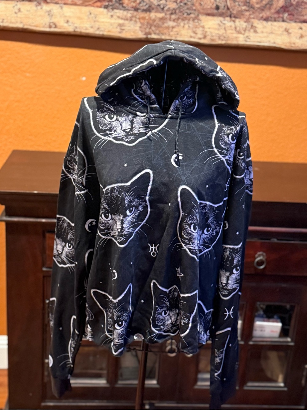 Large Midnight Hour Black Cat Print Hoodie with Celestial Accents